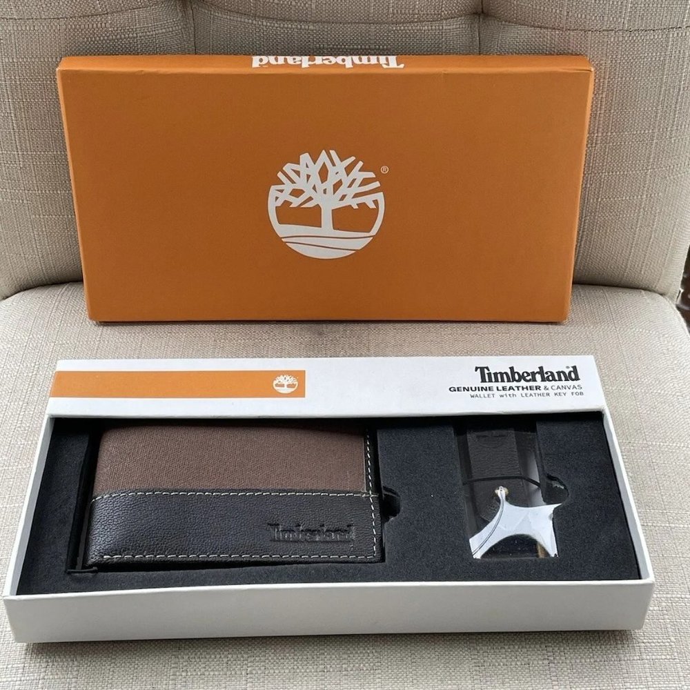 Timberland Men Wallet Keychain Set Genuine Leather Cardholder Billfold New Box